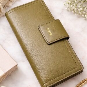 Fossil Leather Long Wallet Olive Green Snap Closure Zip Coin